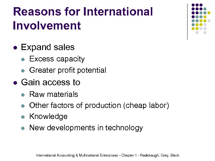 Reasons for International Involvement l Expand sales l l l Excess capacity Greater profit