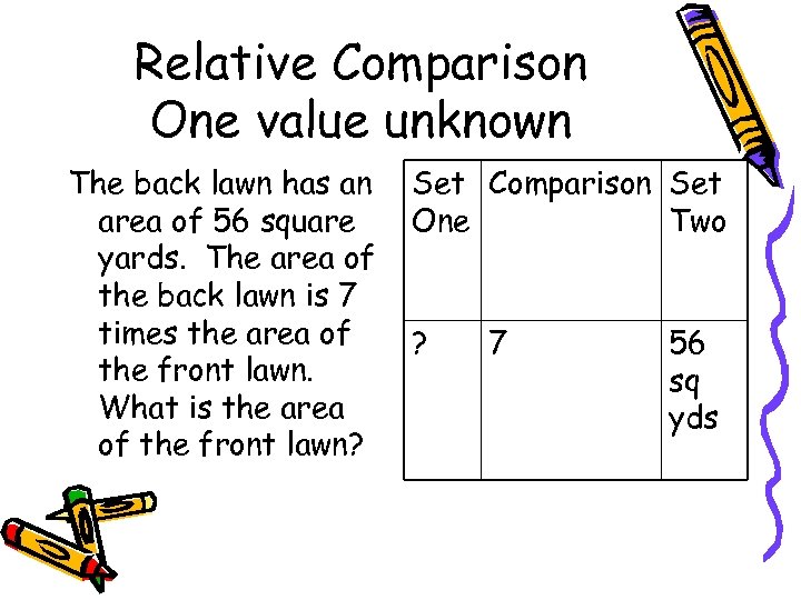 Relative Comparison One value unknown The back lawn has an area of 56 square