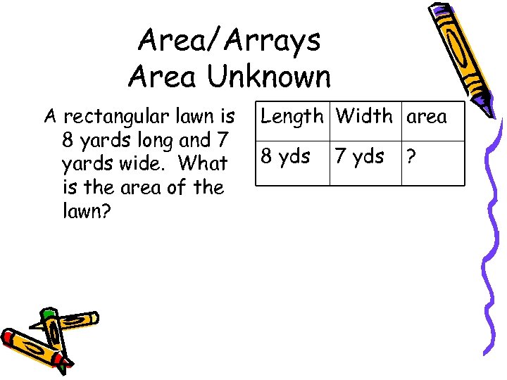 Area/Arrays Area Unknown A rectangular lawn is 8 yards long and 7 yards wide.