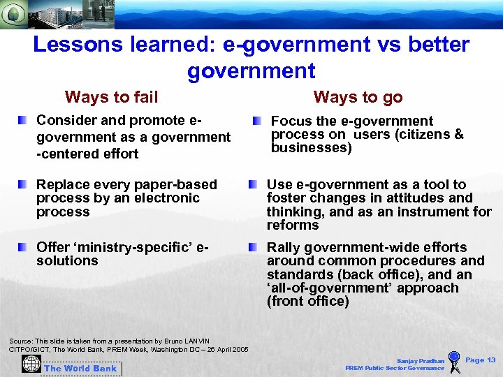 Lessons learned: e-government vs better government Ways to fail Ways to go Consider and