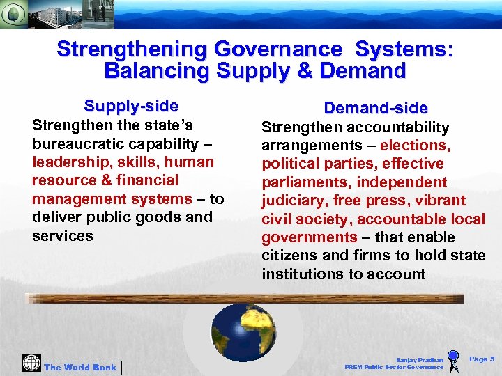 Strengthening Governance Systems: Balancing Supply & Demand Supply-side Strengthen the state’s bureaucratic capability –