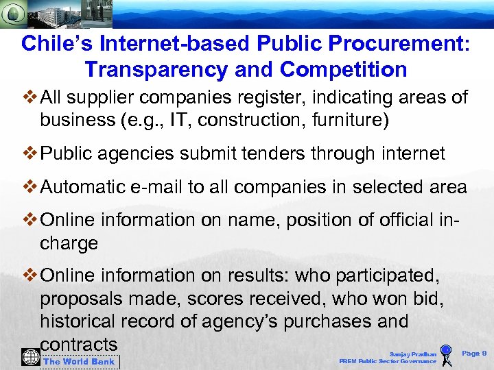 Chile’s Internet-based Public Procurement: Transparency and Competition v All supplier companies register, indicating areas