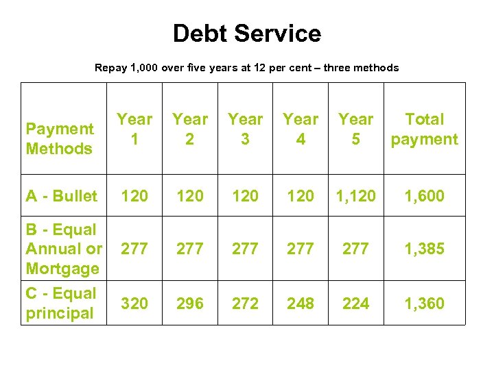Debt Service Repay 1, 000 over five years at 12 per cent – three