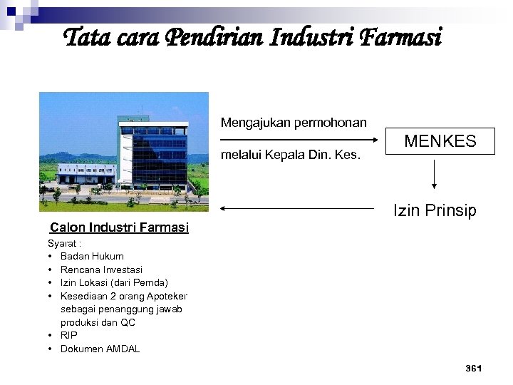 Tata cara Pendirian Industri Farmasi Mengajukan permohonan melalui Kepala Din. Kes. MENKES Izin Prinsip