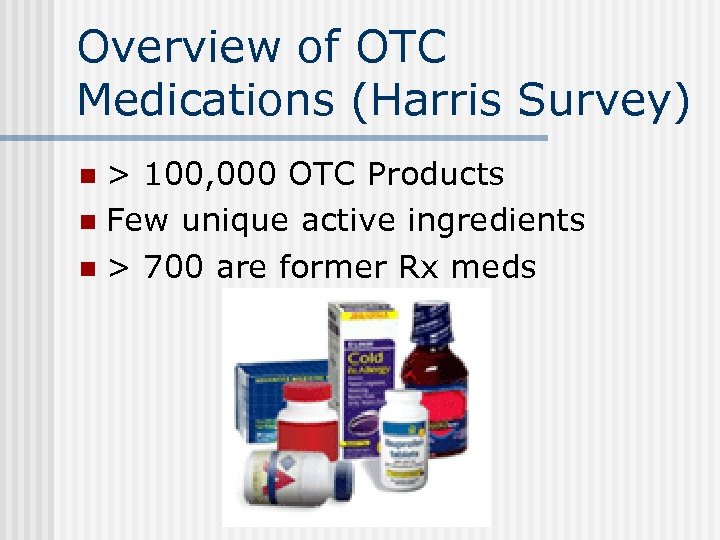 Overview of OTC Medications (Harris Survey) > 100, 000 OTC Products n Few unique