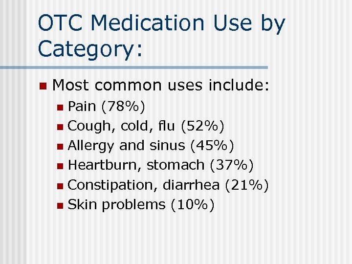 OTC Medication Use by Category: n Most common uses include: Pain (78%) n Cough,