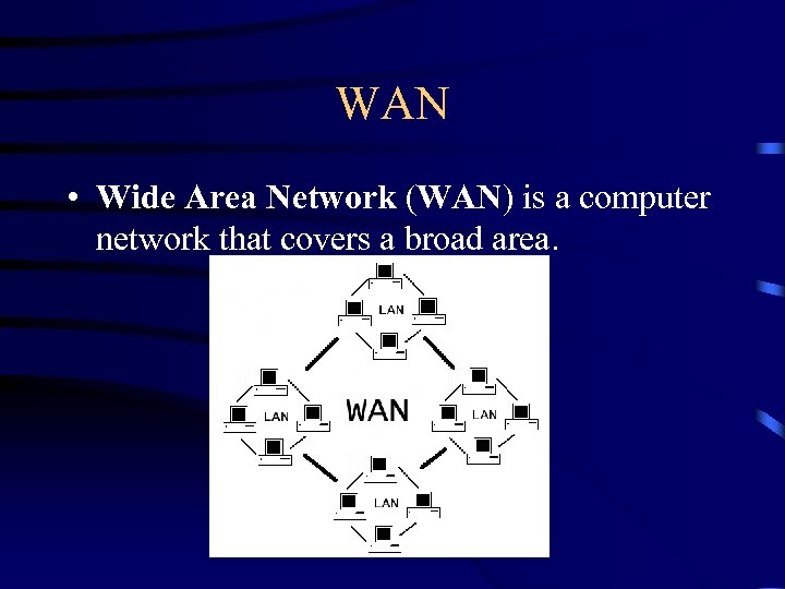 WAN • Wide Area Network (WAN) is a computer network that covers a broad