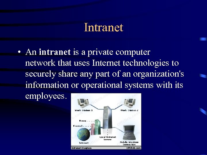 Intranet • An intranet is a private computer network that uses Internet technologies to