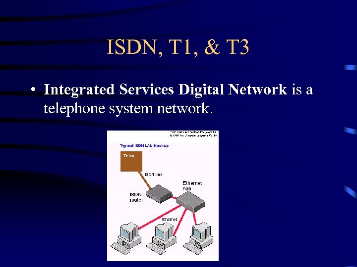 ISDN, T 1, & T 3 • Integrated Services Digital Network is a telephone