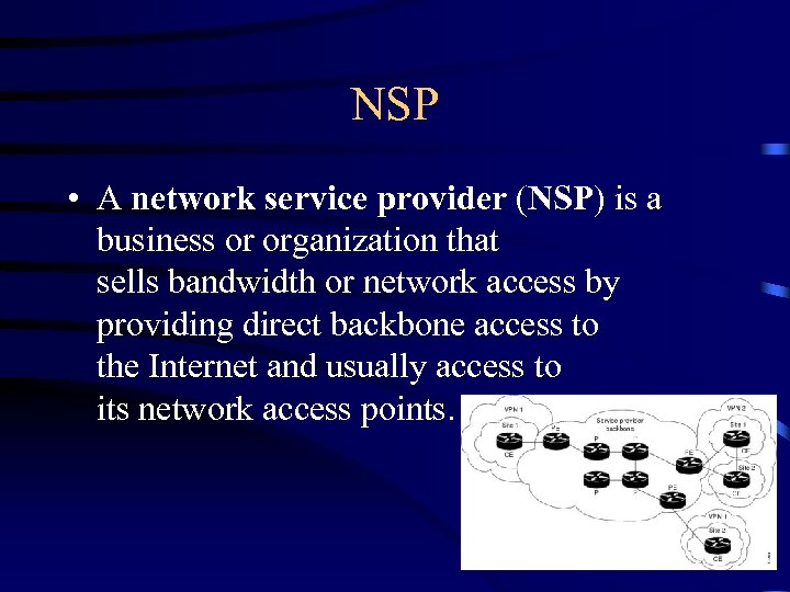 NSP • A network service provider (NSP) is a business or organization that sells