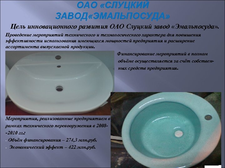 ОАО «СЛУЦКИЙ ЗАВОД «ЭМАЛЬПОСУДА» Цель инновационного развития ОАО Слуцкий завод «Эмальпосуда» . Проведение мероприятий