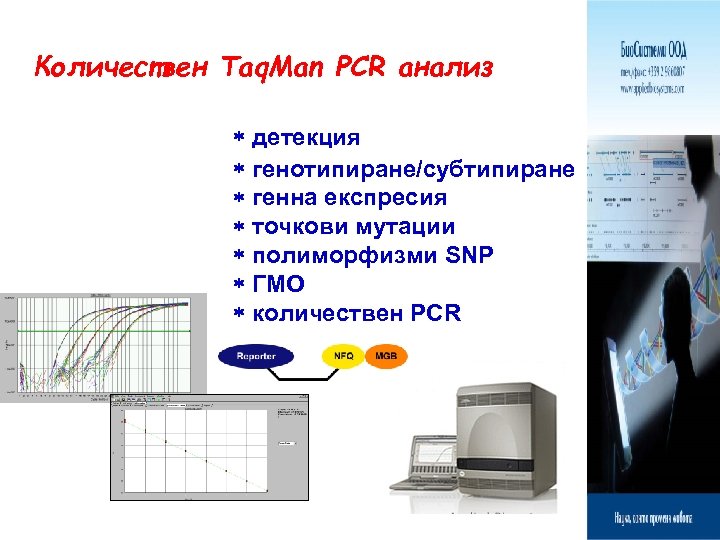 Количествен Taq. Man PCR анализ детекция генотипиране/субтипиране генна експресия точкови мутации полиморфизми SNP ГМО
