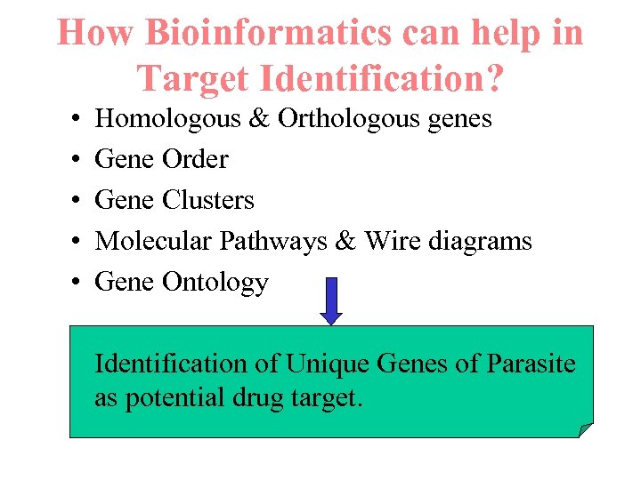 How Bioinformatics can help in Target Identification? • • • Homologous & Orthologous genes