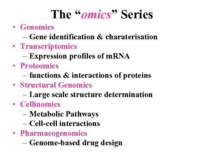 The “omics” Series • Genomics – Gene identification & charaterisation • Transcriptomics – Expression