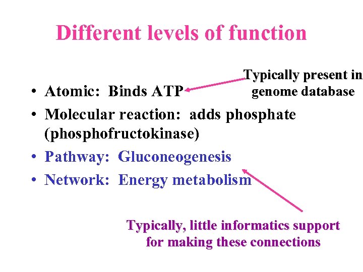 Different levels of function Typically present in genome database • Atomic: Binds ATP •