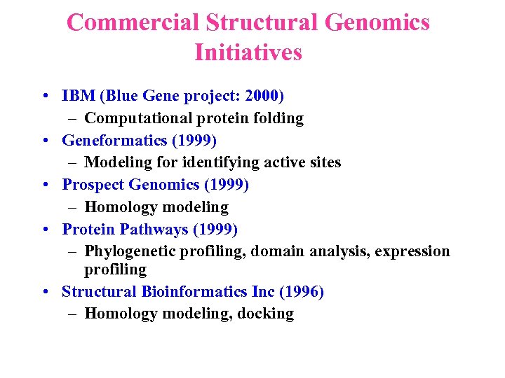 Commercial Structural Genomics Initiatives • IBM (Blue Gene project: 2000) – Computational protein folding