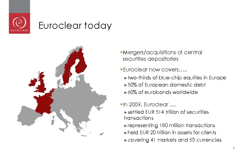 Euroclear today • Mergers/acquisitions of central securities depositories • Euroclear now covers…. . ►two-thirds