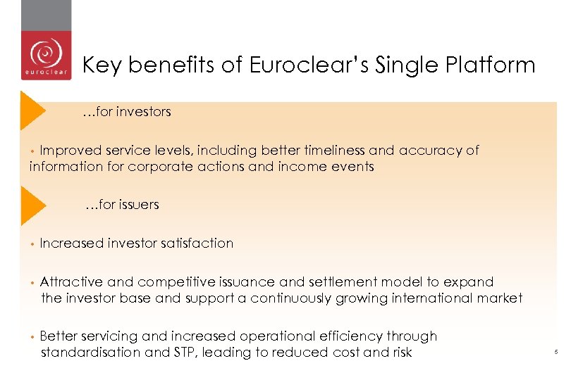 Key benefits of Euroclear’s Single Platform • …for investors Improved service levels, including better