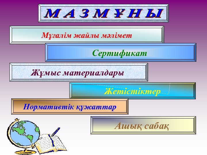 Мұғалім жайлы мәлімет Сертификат Жұмыс материалдары Жетістіктер Нормативтік құжаттар Ашық сабақ 