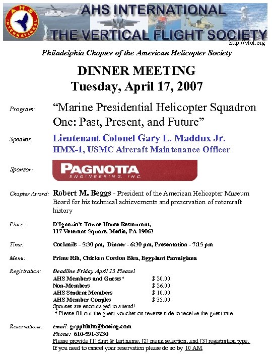 http: //vtol. org Philadelphia Chapter of the American Helicopter Society DINNER MEETING Tuesday, April