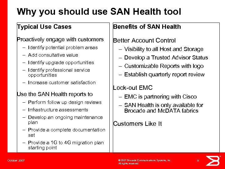 Why you should use SAN Health tool Typical Use Cases Benefits of SAN Health