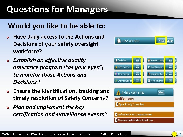Questions for Managers Would you like to be able to: Have daily access to