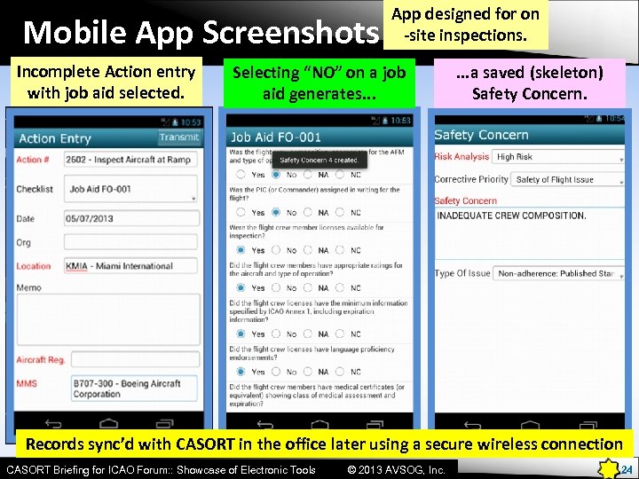 Mobile App Screenshots Incomplete Action entry with job aid selected. App designed for on