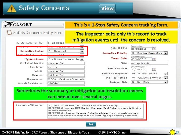 This is a 1 -Stop Safety Concern tracking form. The inspector edits only this