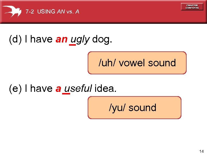 7 -2 USING AN vs. A (d) I have an ugly dog. /uh/ vowel