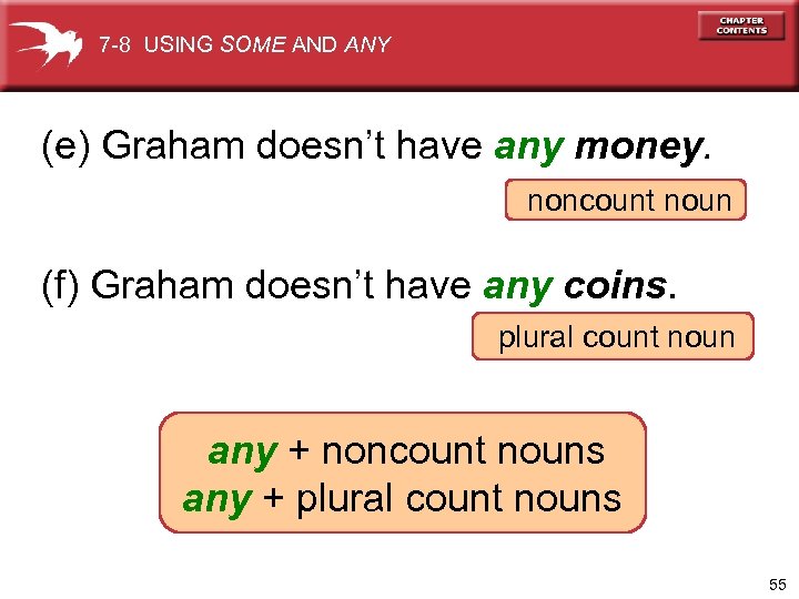 7 -8 USING SOME AND ANY (e) Graham doesn’t have any money. noncount noun