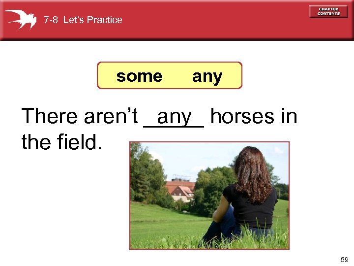 7 -8 Let’s Practice some any There aren’t _____ horses in any the field.