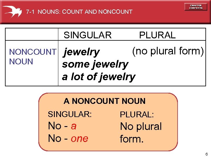 7 -1 NOUNS: COUNT AND NONCOUNT SINGULAR NONCOUNT NOUN PLURAL (no plural form) jewelry