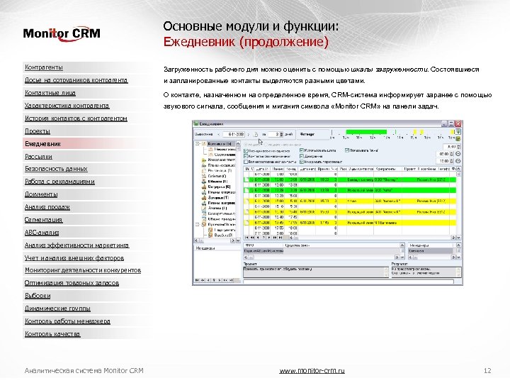 Основные модули и функции: Ежедневник (продолжение) Контрагенты Загруженность рабочего дня можно оценить с помощью