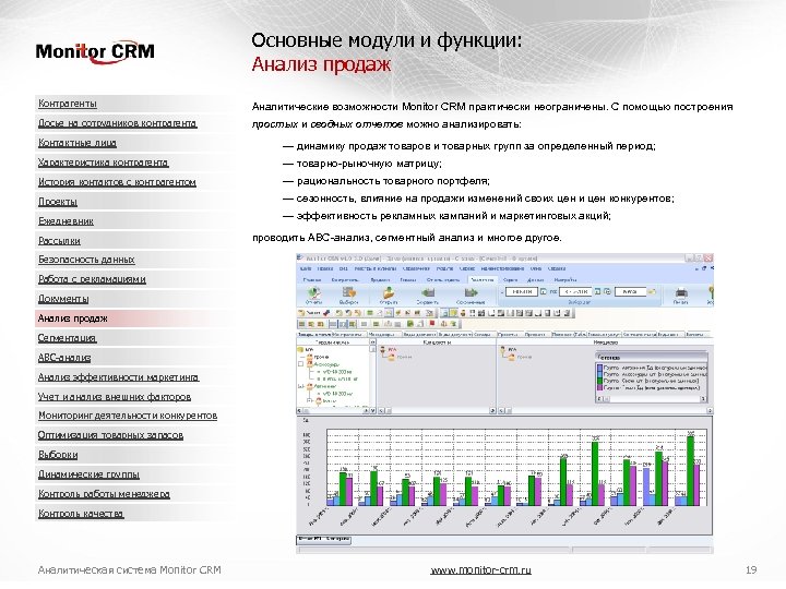 Основные модули и функции: Анализ продаж Контрагенты Аналитические возможности Monitor CRM практически неограничены. С