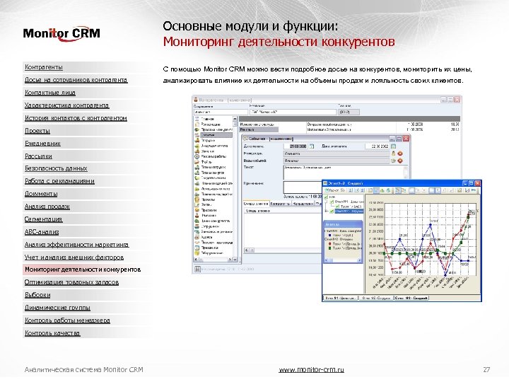 Основные модули и функции: Мониторинг деятельности конкурентов Контрагенты С помощью Monitor CRM можно вести
