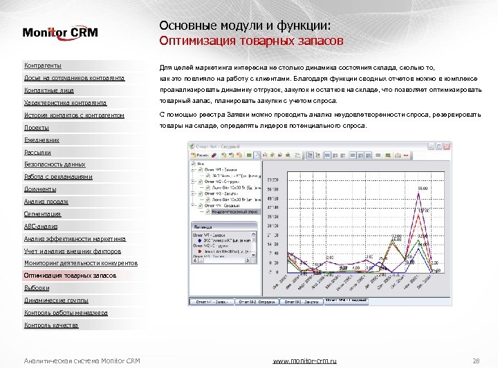Основные модули и функции: Оптимизация товарных запасов Контрагенты Для целей маркетинга интересна не столько
