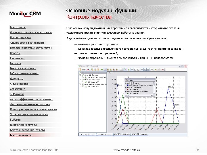 Основные модули и функции: Контроль качества Контрагенты С помощью модуля рекламации в программе накапливается