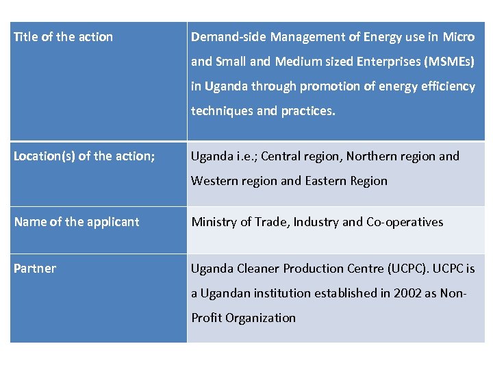 Title of the action Demand-side Management of Energy use in Micro and Small and