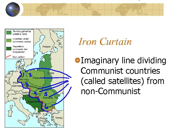 Iron Curtain Imaginary line dividing Communist countries (called satellites) from non-Communist 