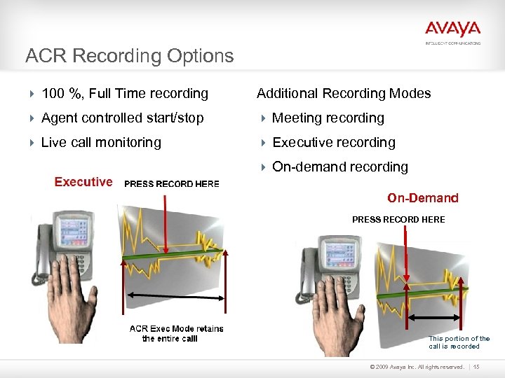 ACR Recording Options 100 %, Full Time recording Additional Recording Modes Agent controlled start/stop