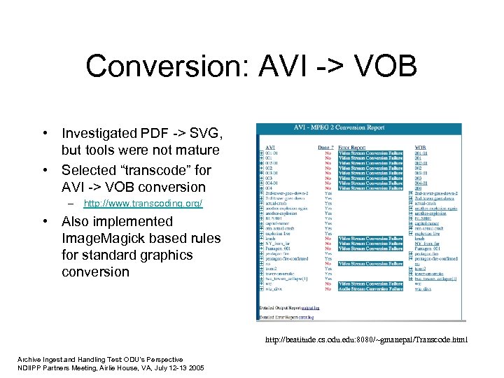 Conversion: AVI -> VOB • Investigated PDF -> SVG, but tools were not mature