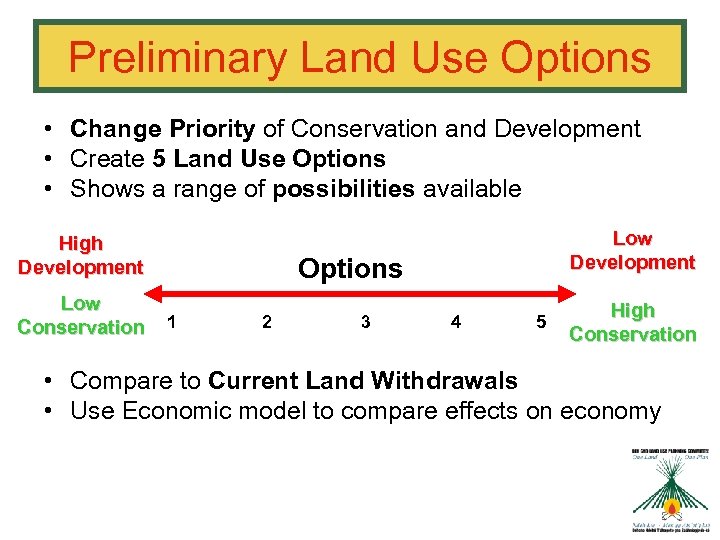 Preliminary Land Use Options • Change Priority of Conservation and Development • Create 5