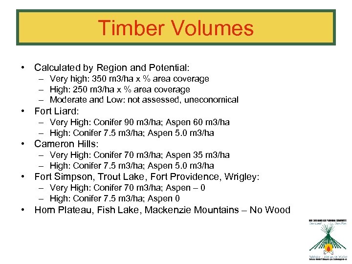 Timber Volumes • Calculated by Region and Potential: – Very high: 350 m 3/ha