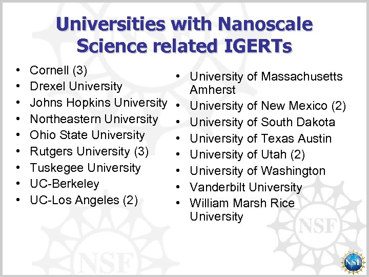 Universities with Nanoscale Science related IGERTs • • • Cornell (3) Drexel University Johns