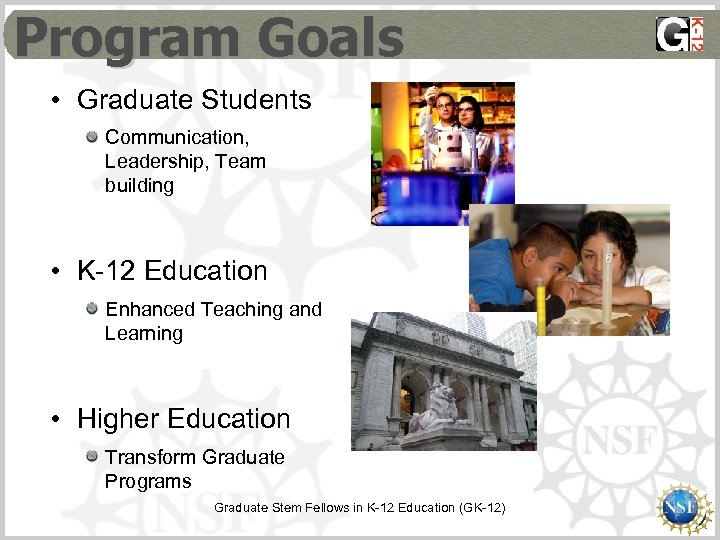 Program Goals • Graduate Students Communication, Leadership, Team building • K-12 Education Enhanced Teaching