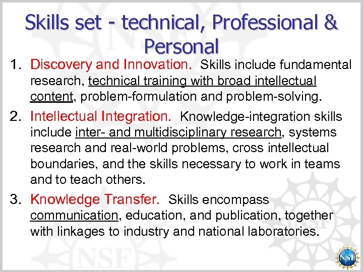 Skills set - technical, Professional & Personal 1. Discovery and Innovation. Skills include fundamental