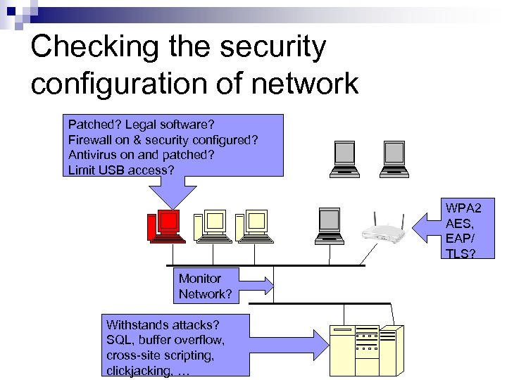 Checking the security configuration of network Patched? Legal software? Firewall on & security configured?