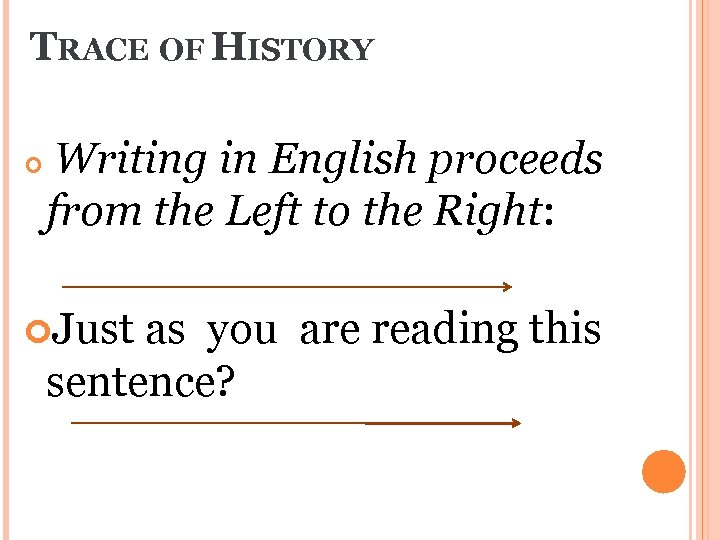 TRACE OF HISTORY Writing in English proceeds from the Left to the Right: Just