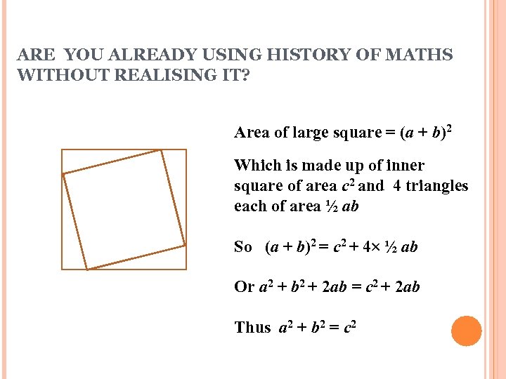 ARE YOU ALREADY USING HISTORY OF MATHS WITHOUT REALISING IT? Area of large square