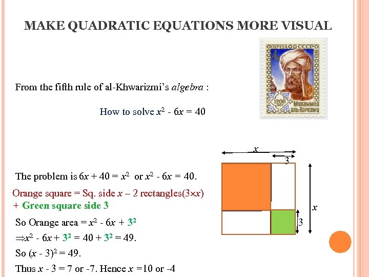 MAKE QUADRATIC EQUATIONS MORE VISUAL From the fifth rule of al-Khwarizmi’s algebra : How